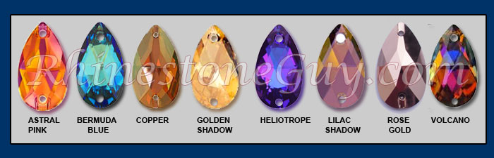 Swarovski Astral Pink Pear, Heliotrope Pear, Copper Pear, Golden Shadow Pear, Volcano Pear
